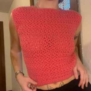 Crochet pink short sleeve sweater